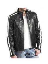 Biker Motorcycle White Striped Real Leather Jacket